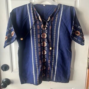 Vintage Handwoven Guatemalan Embroidered Indigo Cotton hippie boho size Large